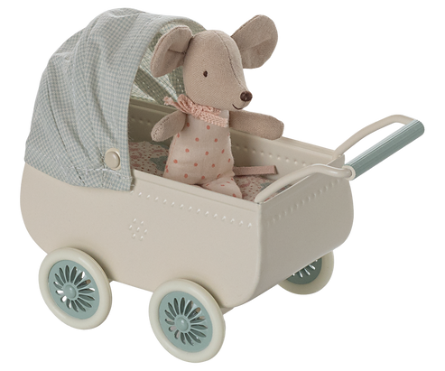 Maileg Pram with baby mouse - Mint (New 2025)