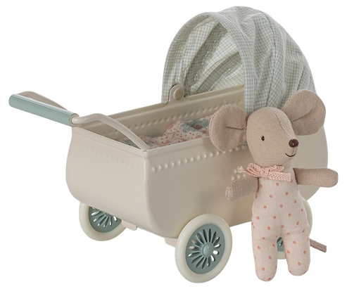 Maileg Pram with baby mouse - Mint (New 2025)