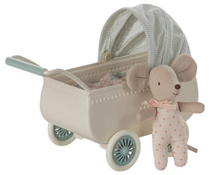 Maileg Pram with baby mouse - Mint (New 2025)