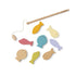 Set of colorful wooden fish toys with a fishing rod on a white background