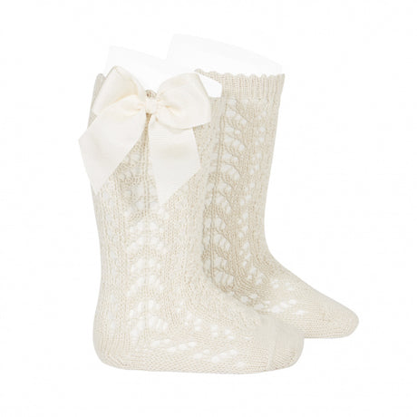 Cotton openwork Knee-High Socks with Bow LINEN