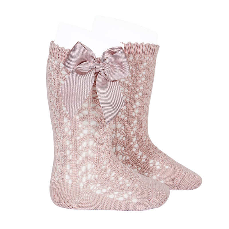 Cotton openwork Knee-High Socks with Bow POWDER PINK