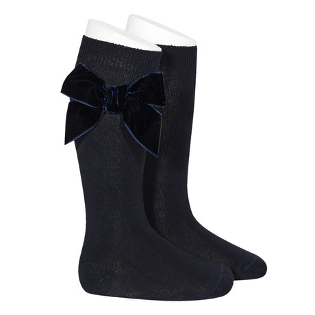 Condor Side Velvet Bow Knee-High Socks - Navy Blue