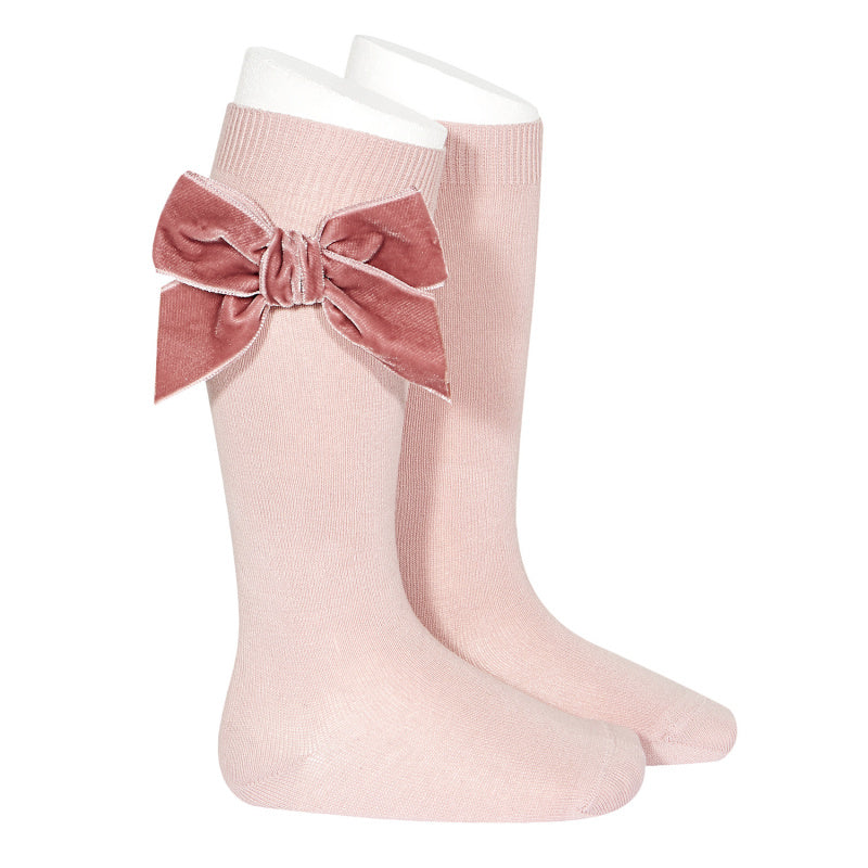 Condor Side Velvet Bow Knee-High Socks - Rosa (Pink)