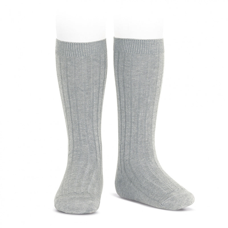Wide Ribbed Cotton Knee-High Socks ALUMINIUM GREY